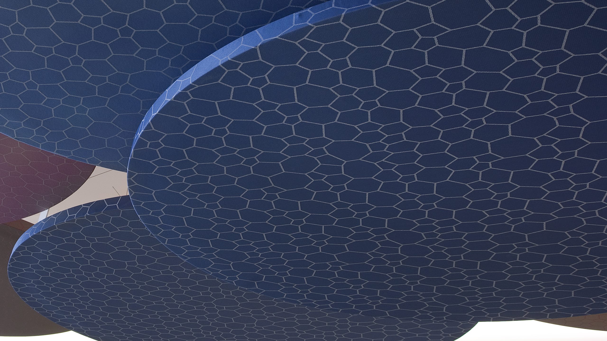 close-up of suspended fabric covered circular cloud panels