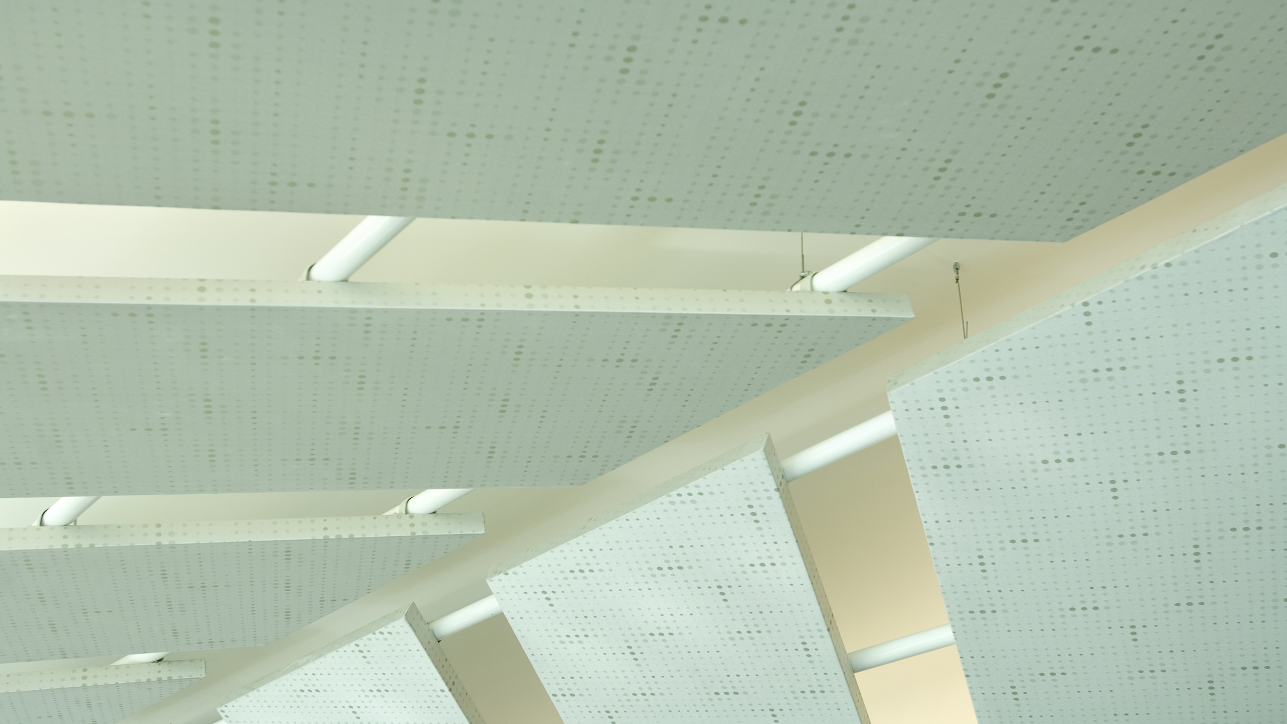 close-up of suspended fabric covered rhomboid cloud panels